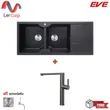 (Eve) 2-Bowl Granite Stone Kitchen Sink with Drainboard, Black, Model EUROSTONE 1160/500 + ZION GUNMETAL EP Hot-Cold Mixer Tap image 1