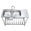 (MEX) 2-Bowl 1-Drainboard Stainless Steel Kitchen Sink PST120 with Stand, Dish Rack, and 3-Sided Backsplash, 3.5" Drain, Free Cold Water Faucet image 1