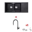 (Eve) Double Bowl Granite Kitchen Sink Black with Drainboard EUROSTONE 1160/500 + Free AZTAC II BLACK Faucet image 1