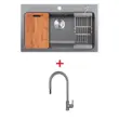 Granite Sink ANDES 760/480 GREY + Faucet AZTAC II GREY, Free Wooden Cutting Board & Drainer Basket image 1
