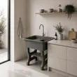 (Dinosaur) Quartz Stone Undermount Kitchen Sink with Stand 1 Bowl 1 Drainboard DINOSAUR WASHTUB 70X57X80cm SMOKY BLACK image 5