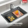 (Eve) Waterfall Kitchen Sink 1 Bowl Synthetic Granite ROMA 750/480 BLACK image 2
