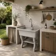 (Dinosaur) Quartz Stone Pedestal Kitchen Sink 1 Bowl 1 Drainboard DINOSAUR WASHTUB 80X60X23cm Off White image 3