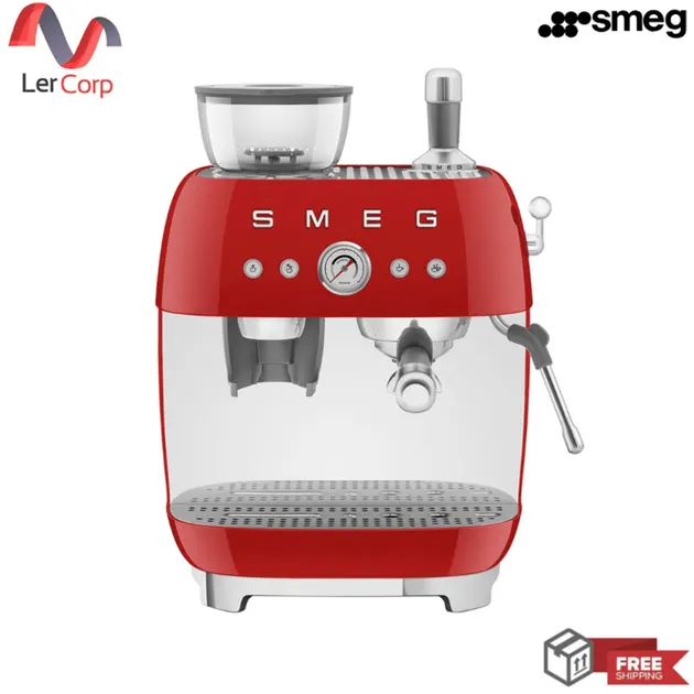 (Smeg) Espresso Machine with Built-in Coffee Grinder, Red, Model EGF03RDEU