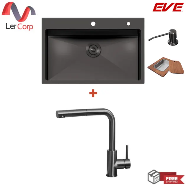 (EVE) Single Bowl Kitchen Sink Stainless Steel Black CARBONYTE 810/520 + Hot and Cold Mixing Faucet LEXI GUNMETAL EP
