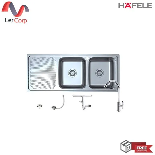 (Hafele) 2-Bowl 1-Drainboard Top Mount Kitchen Sink, Elgar Series, Right Bowl Left Drainboard (495.39.413) Free Faucet