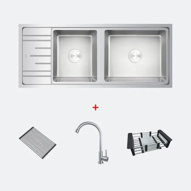 (EVE) Stainless Steel Kitchen Sink 2 Bowls DELTA 1200/500 RH + BELLE Faucet + ROLLRACK Draining Rack + F402BLACK Draining Basket