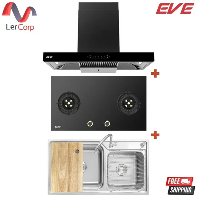 (Eve) Wall-mounted Range Hood HC-JETBLACK-90 + Built-in Gas Cooktop HB78-SBH289/BG + Kitchen Sink LOTUS 850/460 with Free Faucet