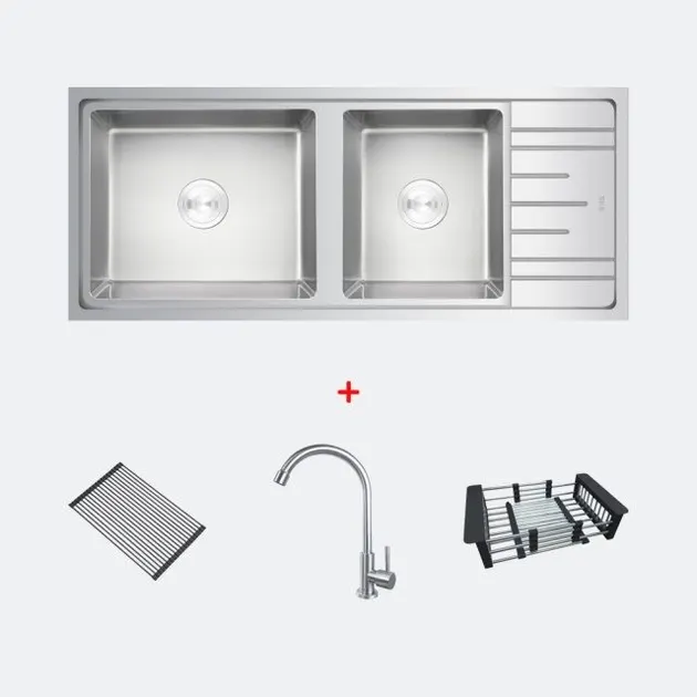 (EVE) Stainless Steel Double Basin Sink DELTA 1200/500 LH + BELLE Faucet + ROLLRACK + F402BLACK