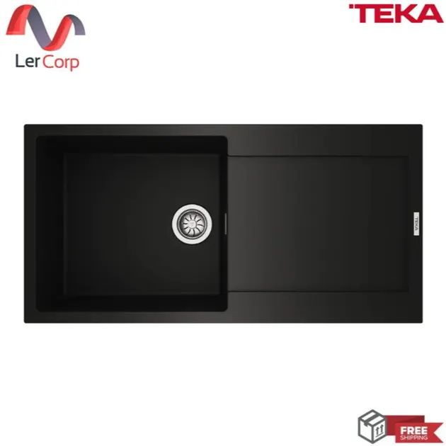 (Teka) Synthetic Granite Sink Matt Black 60 cm, 1 Bowl 1 Drainboard LOTUS 60 L-TG 1B 1D with Free Cold Water Tap