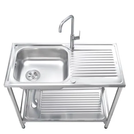 (MEX) Single Bowl Sink with Drainboard PSB100ML with Stand, Dish Rack, and 3-Sided Splash Guard, 4.5" Strainer Basket, Free Cold Water Tap