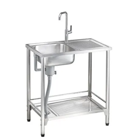 (MEX) Single Bowl Kitchen Sink with Drainboard PSB80ML with Stand, Dish Rack, and 3-Sided Splashguard, 4.5" Basket Strainer with Built-in Odor Trap, Free Cold Water Faucet