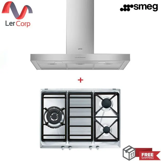 (Smeg) Wall-Mounted Cooker Hood Model KBT900XE + Gas Cooktop Model SRV573XG