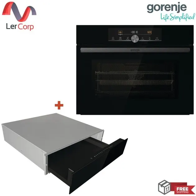 (Gorenje) Compact Microwave Oven BCM4547A10BG 45cm + Warming Drawer WD1410BG Black Glass
