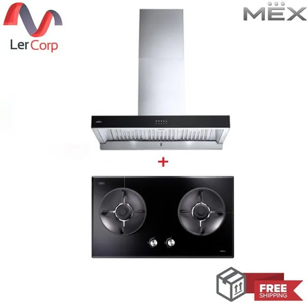 (MEX) Gas Cooktop with Tempered Glass Base 78 cm 2 Burners V7812MHR + Wall-Mounted T-Shaped Range Hood Baffle Filter 90 cm K632BFX90