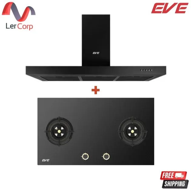 (Eve) Wall-Mounted Range Hood HC-SHADOW-90 PLUS + 2-Burner Glass Built-in Gas Hob HB78-SBH289/BG with Free 1.5 m Duct Hose