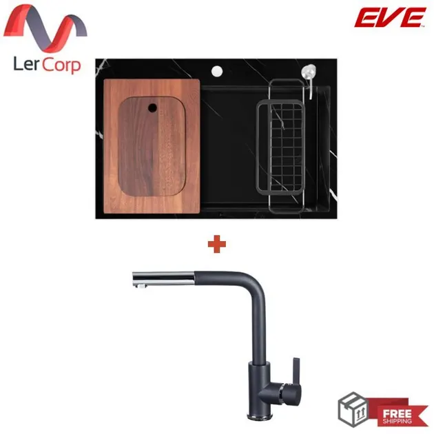 (EVE) Synthetic Marble Kitchen Sink 1 Bowl MOONRIVER 780/520 BLACK + LEXI BLACK Faucet with Free Accessories