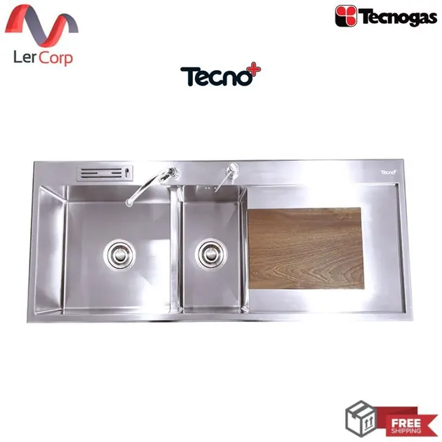 (Tecno) 2-Bowl Kitchen Sink with Wooden Drainboard Built-in Tecnoplus Model TNP SOFIA 2B1D Size 116 cm. Deep 22.8 cm.