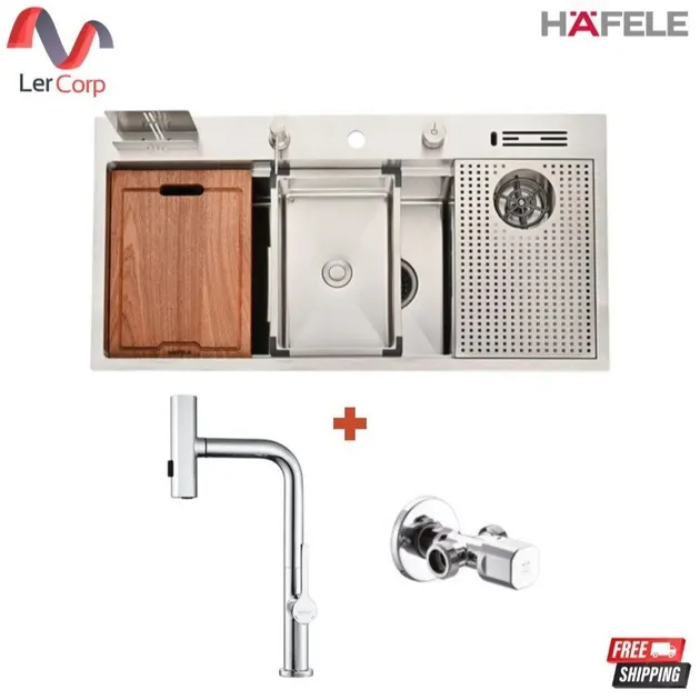 (Hafele) Workstation Kitchen Sink Set 1000 × 500 mm + 3-Function Pull-Out Faucet and Stop Valve (495.07.916)