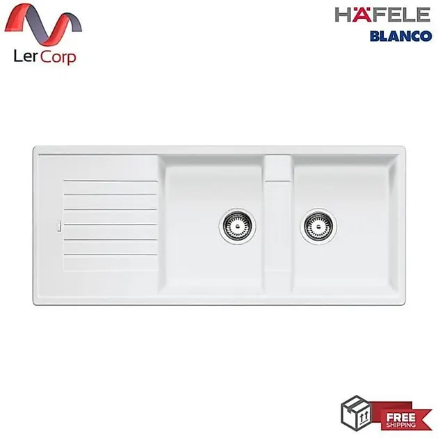 (Hafele) BLANCO SILGRANIT 2-Bowl Sink with Drainboard, Model ZIA 8 S, White (495.39.039)(565.76.750)