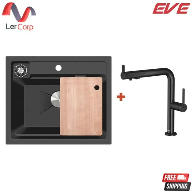 (Eve) อ่างล้างแกรนิตสังเคราะห์ NEROLUX 600/500 สีดำ + ก๊อกน้ำ VINA 3 BLACK EP