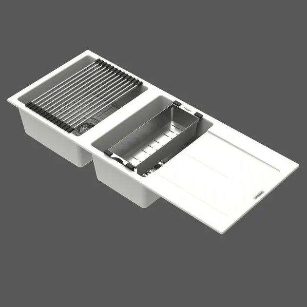 (Hafele) STONEQ-D200L Granite Kitchen Sink 2 Bowls 1 Drainboard Top Mount 1,194x500 mm with Accessories (Alpina) (495.39.643)