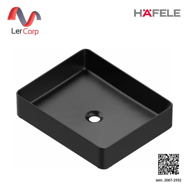 (Hafele) อ่างล้างหน้าวางบนเคาน์เตอร์ ทรงสี่เหลี่ยม สีดำด้าน พร้อมสะดืออ่างแบบกด (588.82.252)