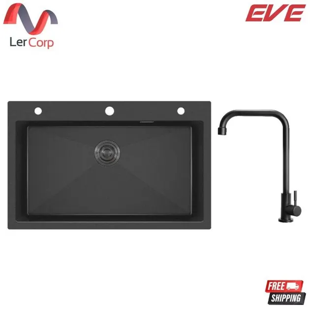 (Eve) Stainless Steel Single Bowl Sink 81 x 51 cm Matte Black LUNA 810/510 Model with Free ANGULAR Faucet