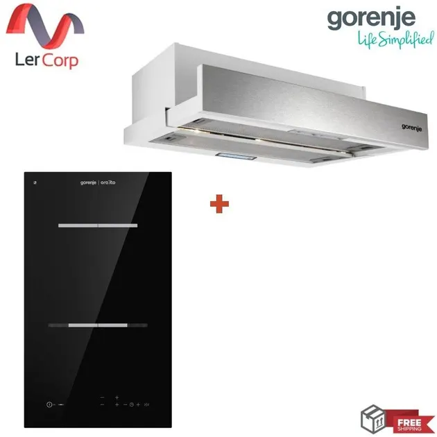 (Gorenje) Slimline Cooker Hood 60 cm TH60REX + Built-in Electric Hob 30 cm ECT322ORAB