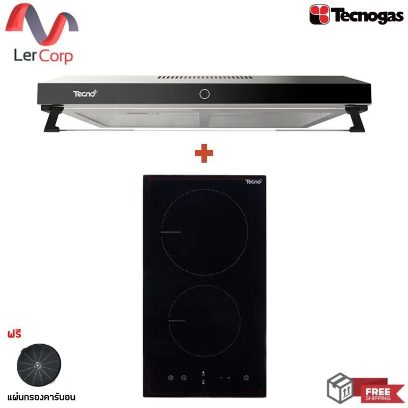 (Tecno) Standard Range Hood 60 cm TNP HDS 6048 DG + 2 Burner Built-in Electric Ceramic Cooktop TNP VT 302 DG Free Carbon Filter Sheets