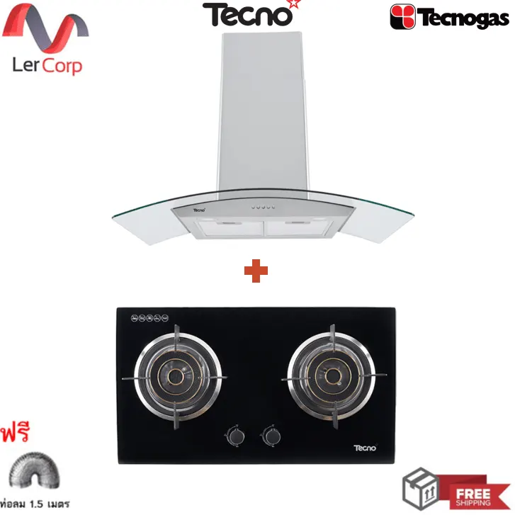 (Tecno) 90 cm Wall-Mounted Range Hood TNS HD 502 B + 2-Burner Built-in Gas Stove with Safety Glass Base TNS HB 207140 GB Free 1.5 m Flue Pipe