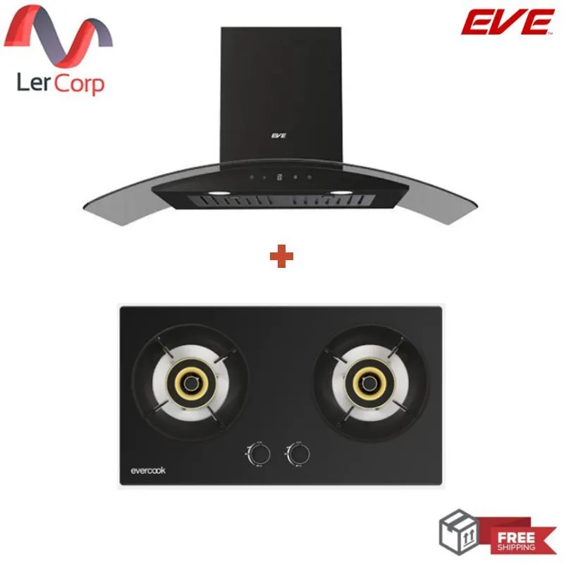 (EVE) Wall-Mounted Canopy Range Hood HC-DIESEL-90 PLUS + 2-Burner Built-In Gas Hob with Safety Glass Base SMART III