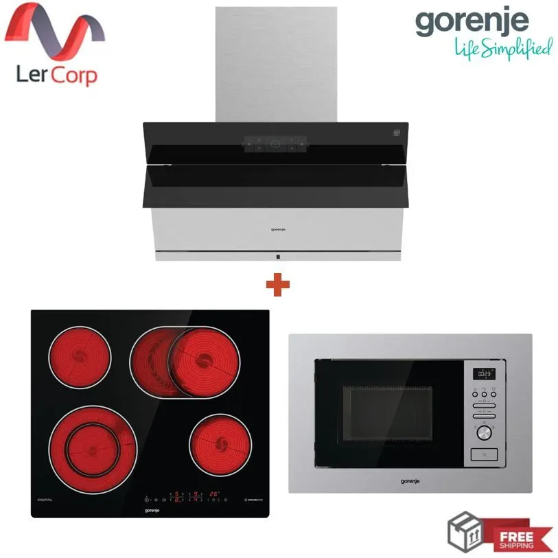 (Gorenje) Wall Mounted Range Hood PWHI93XGB + Ceramic Electric Cooktop ECT643SYB + Microwave + Grill BM201AG1X