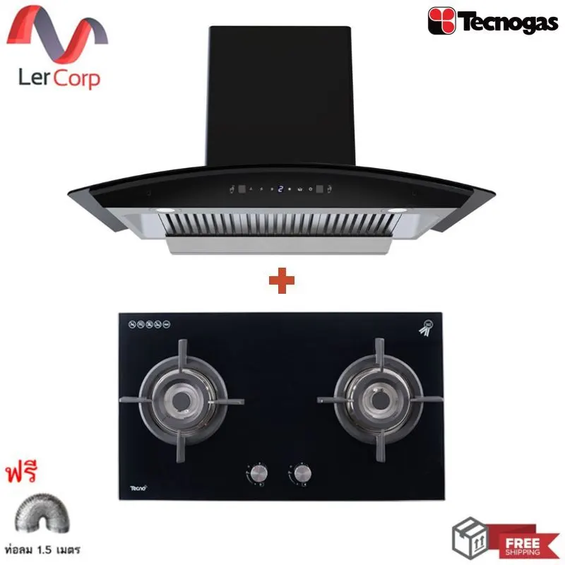 (Tecno) Wall-Mounted Canopy Range Hood 90 cm TNS HD 90 MA/B + 2-Burner Gas Stove TNP HB FLORA 2 GBT with Free 1.5 m Duct