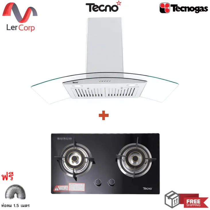 (Tecno) Wall-Mounted Range Hood 90 cm TNS HD 3590 GB + 2-Burner Gas Stove Built-in Tempered Glass Base tns hb 207140 gb Free 1.5 m Air Duct