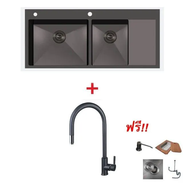 2-Bowl Stainless Steel Sink with Drainboard Model CARBONYTE 1200/520 LH + Faucet Model AZTAC II BLACK