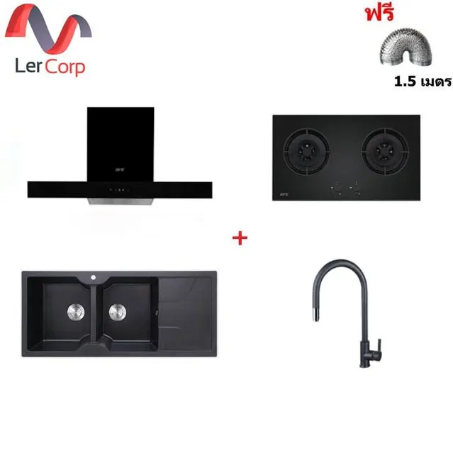 (EVE) HC-LOFTBOX-90 Cooker Hood + HB78-2BCCBG Gas Stove + EUROSTONE 1160500 Kitchen Sink + AZTAC II BLACK Tap with Free 1.5m Extension Hose and Other Accessories