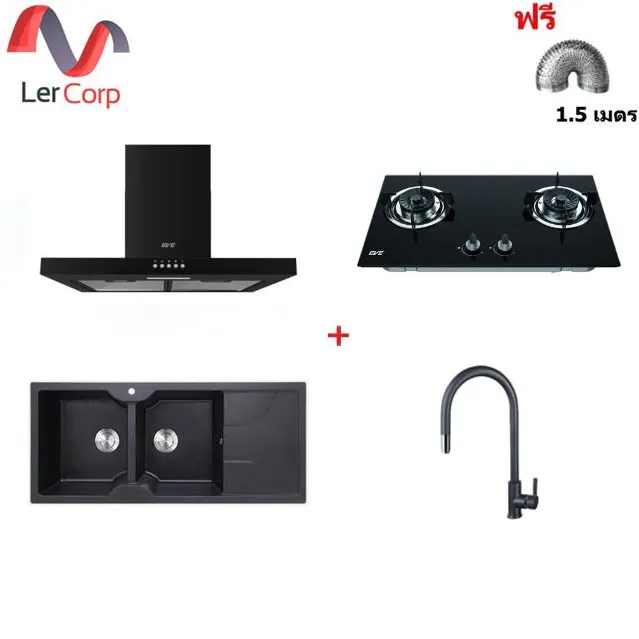 (EVE) HC-SHADOW-90 Range Hood + FURY 2B Gas Cooktop + EUROSTONE 1160/500 Sink + AZTAC II BLACK Faucet with Free 1.5M Extension Hose and More