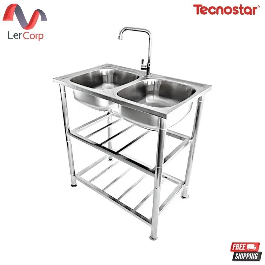 (Tecno) Stainless Steel Pedestal Sink 2 Bowls TECNOSTAR STT 80 2B Silver