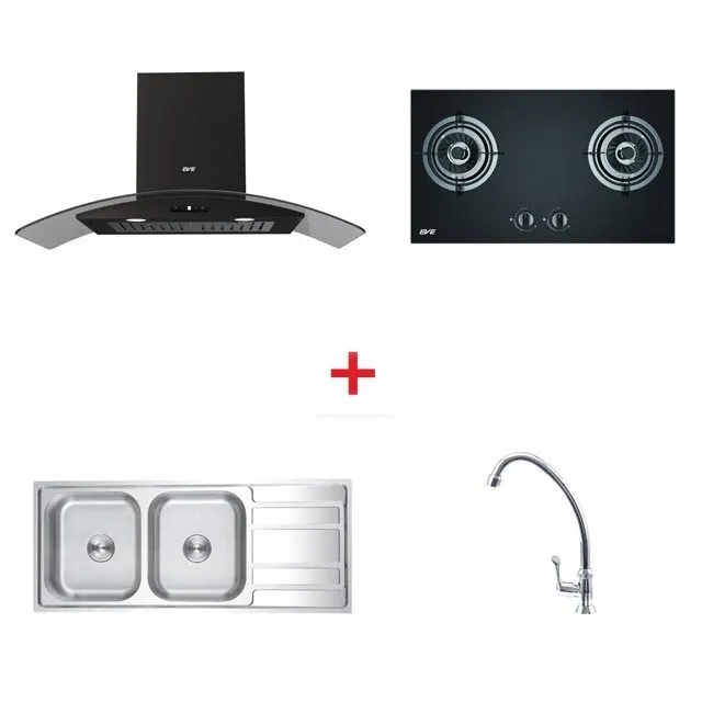 Wall-mounted range hood model DIESEL-90 PLUS + built-in gas stove FURY 2B + double bowl kitchen sink EGO 1200/500 with free cold water faucet