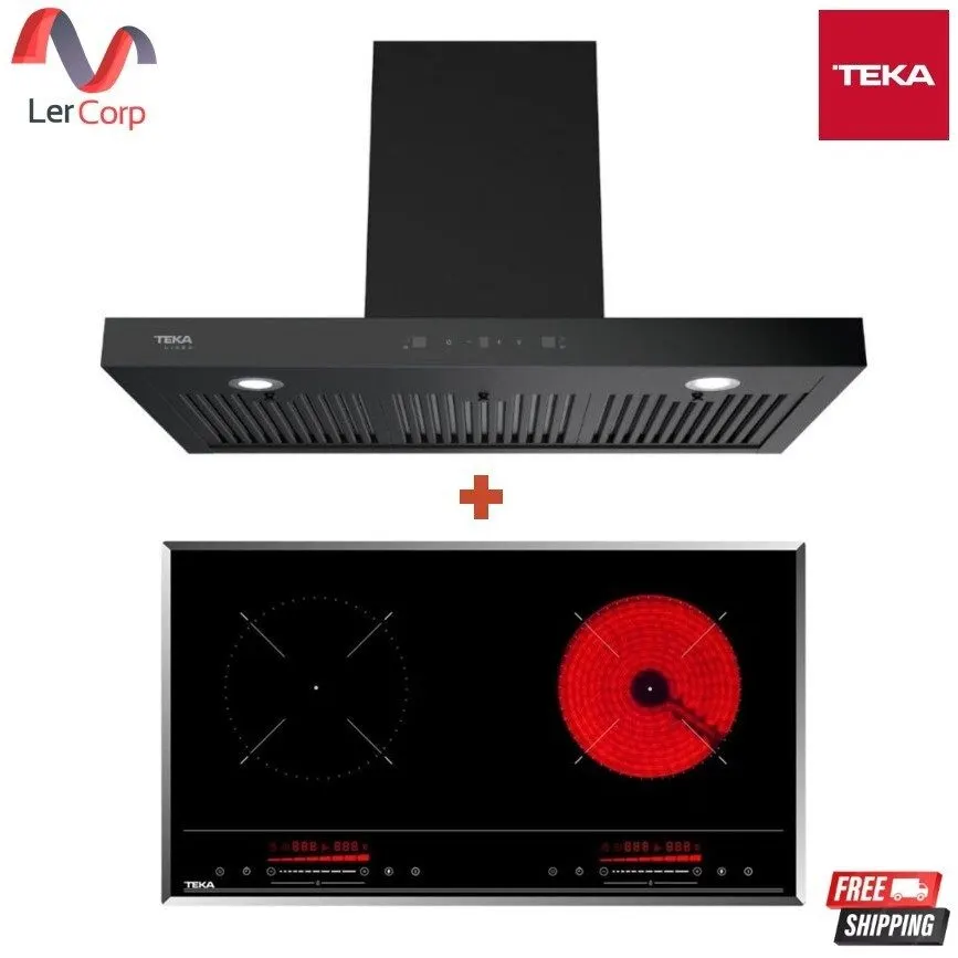 (Teka) LINEA LDH TC 90 BK 90 cm Wall-Mounted Hood + HIC 7320 D Mixed Induction and Ceramic Cooktop