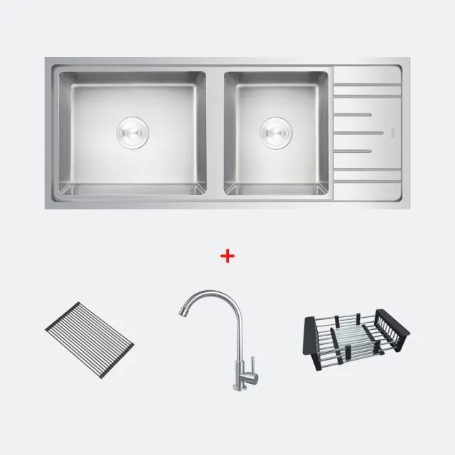 (EVE) Stainless Steel 2-Bowl Sink DELTA 1200/500 LH + BELLE Faucet + ROLLRACK Drying Rack + F402BLACK Colander