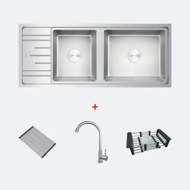 (EVE) Stainless Steel Kitchen Sink 2 Bowls DELTA 1200/500 RH + BELLE Faucet + ROLLRACK Draining Rack + F402BLACK Draining Basket