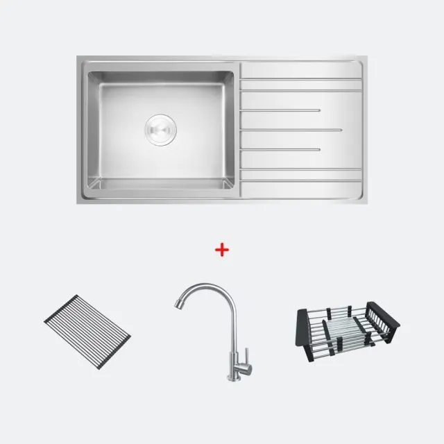 (EVE) Stainless Steel Single Bowl Kitchen Sink DELTA 1000/500 LH + BELLE Faucet + ROLLRACK Drain Rack + F402BLACK Colander Basket