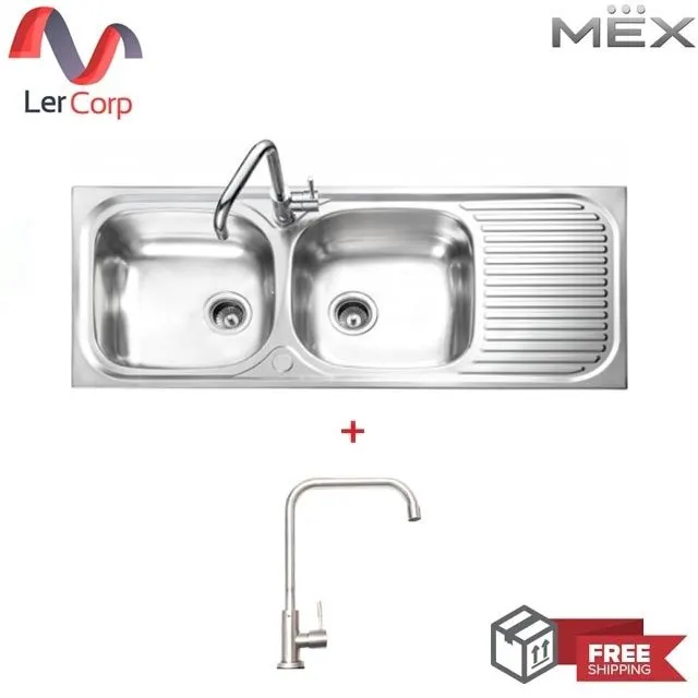 (MEX) Double Bowl Single Drainboard Sink MEX MS200B + TP230 Faucet