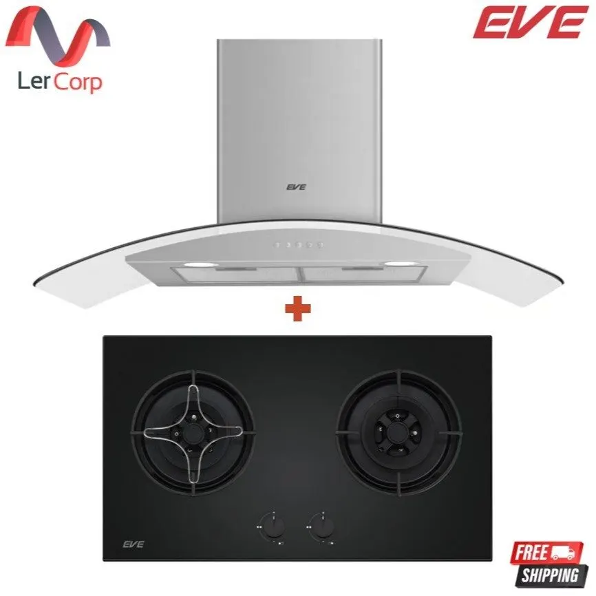(Eve) 90 cm Range Hood 1,250 m³/h HC-ARC-90 PLUS + 2-Burner Built-in Gas Stove 78 cm HB78-2BCC/BG