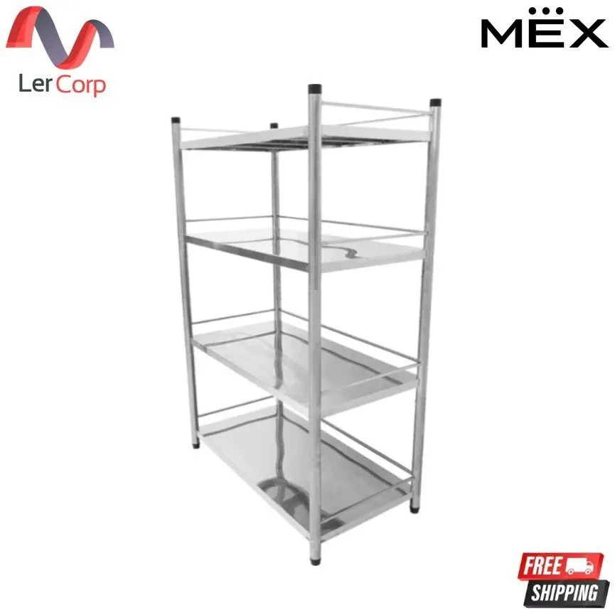 (Mex) MESTER 4-Tier Multi-Purpose Shelving Unit with 3-Side Safety Rails, Stainless Steel, Model SH1510-201