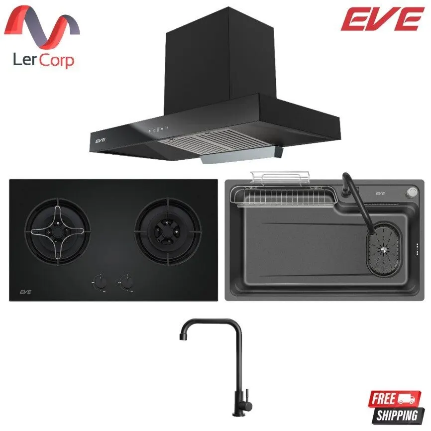(Eve) Range Hood HC-LOFTBOX-90 + Gas Cooktop HB78-2BCC/BG with Tempered Glass Base + Waterfall Kitchen Sink NAVI 750/480 + Black Water Tap
