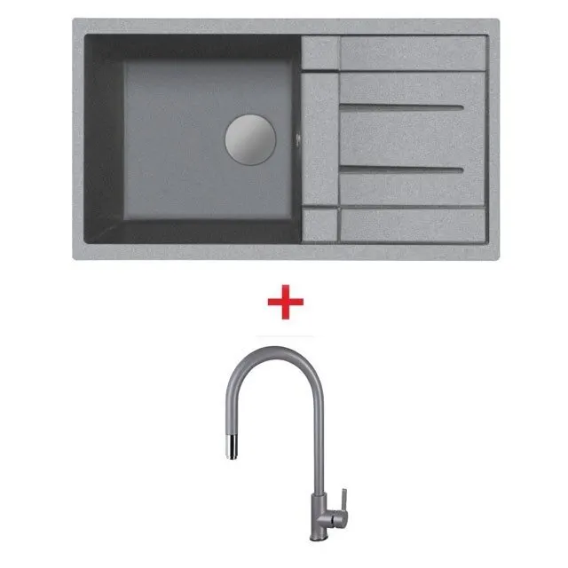Granite Sink Model PRIME 860/500 GREY with Free AZTAC II GREY Faucet, Overflow and Drain Trap