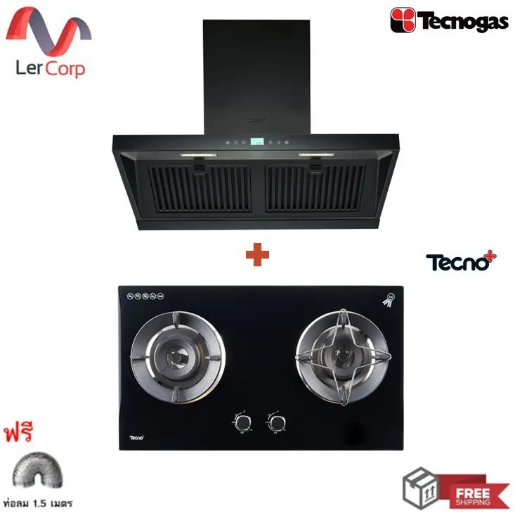 (Tecno) 90 cm Wall-Mounted Range Hood TCH 90-N2 Black + 2-Burner Built-in Gas Stove TNP HB 207846 GB Free 1.5 m. Ductwork